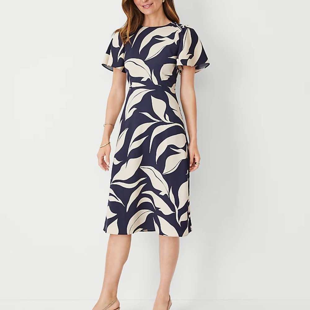 Ann Taylor Leafed Flutter Sleeve Flare Dress, Size 0 Tall (2 Tall), Navy,